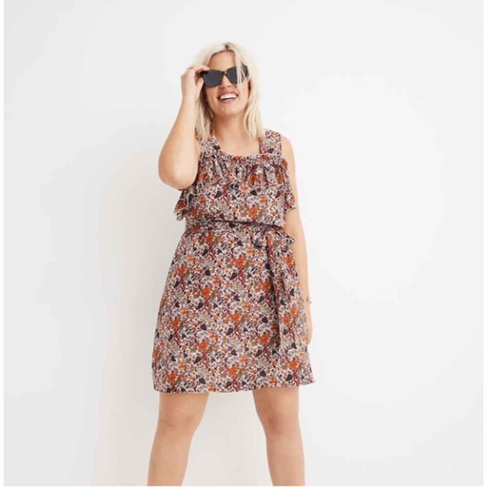 Madewell Rust, White & Black Floral Ruffle Mini Dress